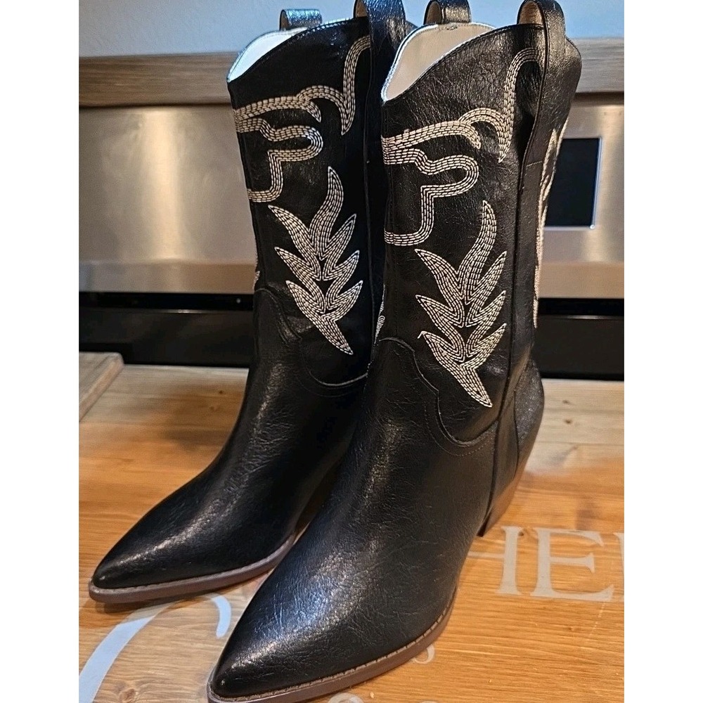 Contrast Embroidered Black Leather Western Boots Oasis Society EXCELLENT‎